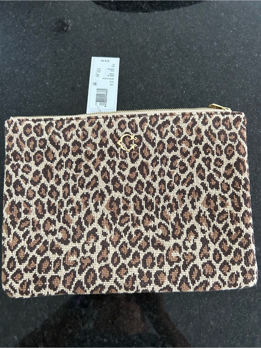 C. Wonder Leopard Print Zip Pouch - Brown/Cream with Gold Accent